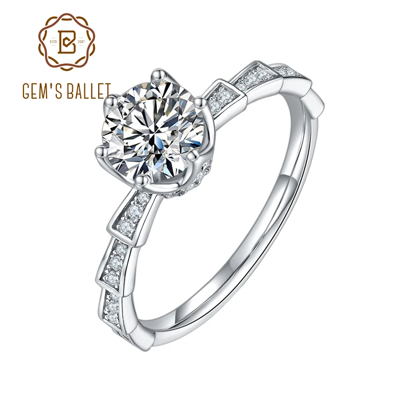 GEM'S BALLET 1ct D Color Round Moissanite Diamond Women's Engagement Ring 925 Sterling Silver Moissanite Ring with Certificate