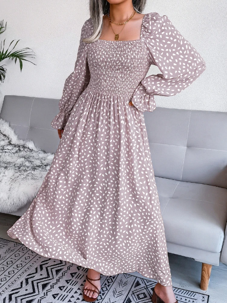 

Fashion Tight Waist Closing Bust Square Collar Maxi Long Dress Elegant Women Party Dresses Retro Print Holiday Long Sleeve Dress