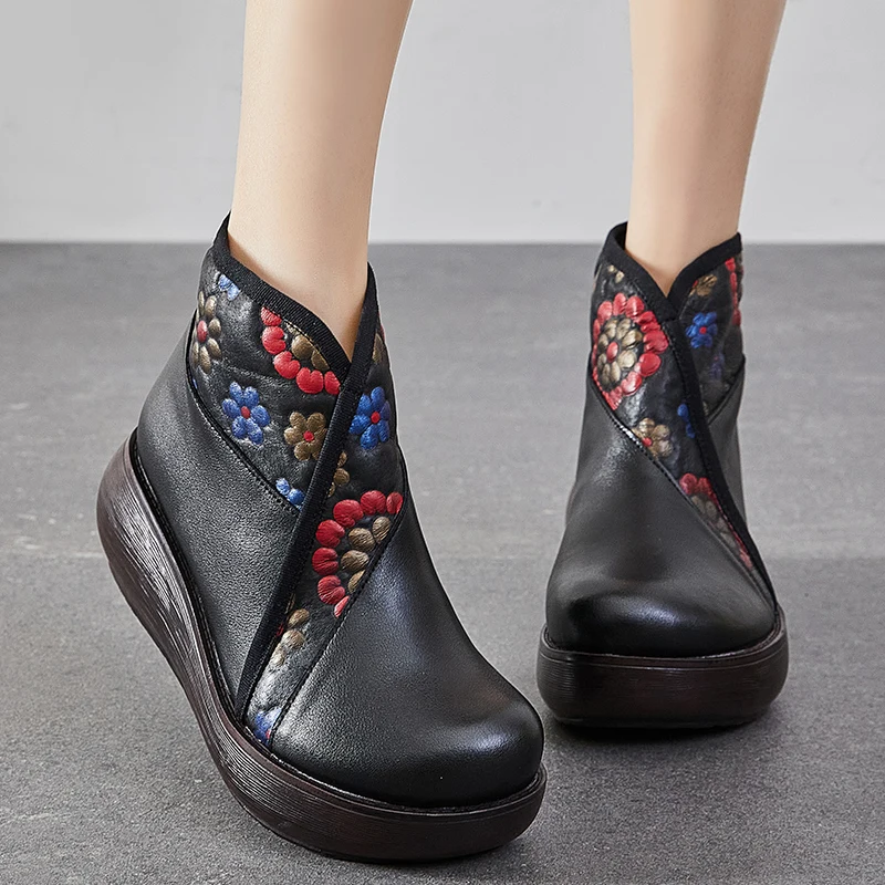 GKTINOO Autumn Winter Shoes Women Boots Genuine Leather Round Toe Retro Print Zip Sewing Handmade Concise Platform Boots