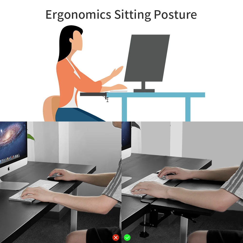 Vaydeer Ergonomics Desk Extender Tray Clamp on Keyboard Drawer Table Mount Armrest Shelf Stand Slide Computer Elbow Arm Support