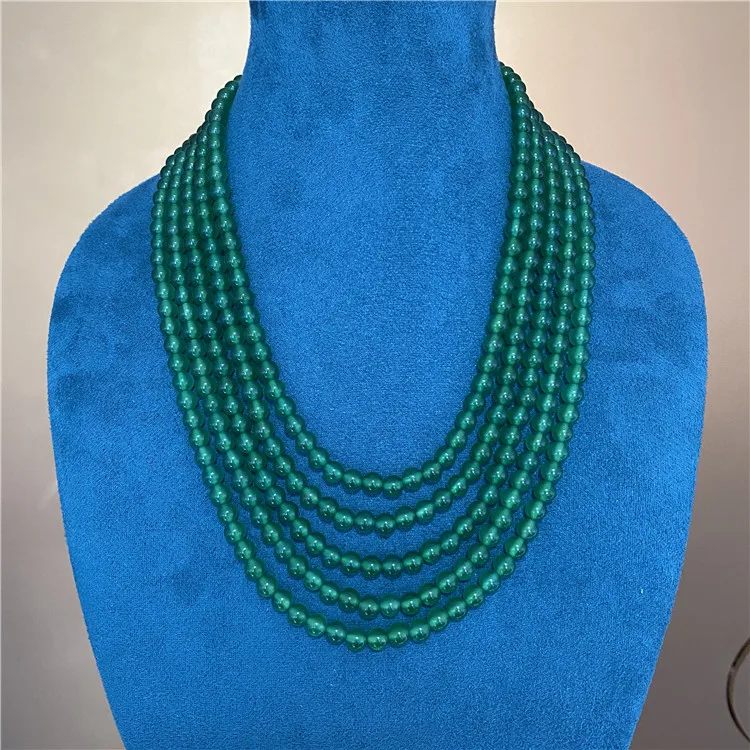 

5 Strands 4mm Faceted Round Green Agates Multi Strands Necklace Cubic Zirconia Pave Clasp 18-23" For Women