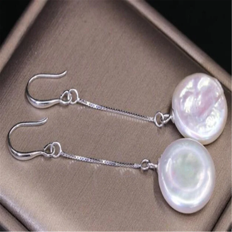 14-15mm White Baroque Pearl Earrings Silver Ear Drop Hook Aurora Mesmerizing Earbob Real Dangle AAA Jewelry Cultured Flawless