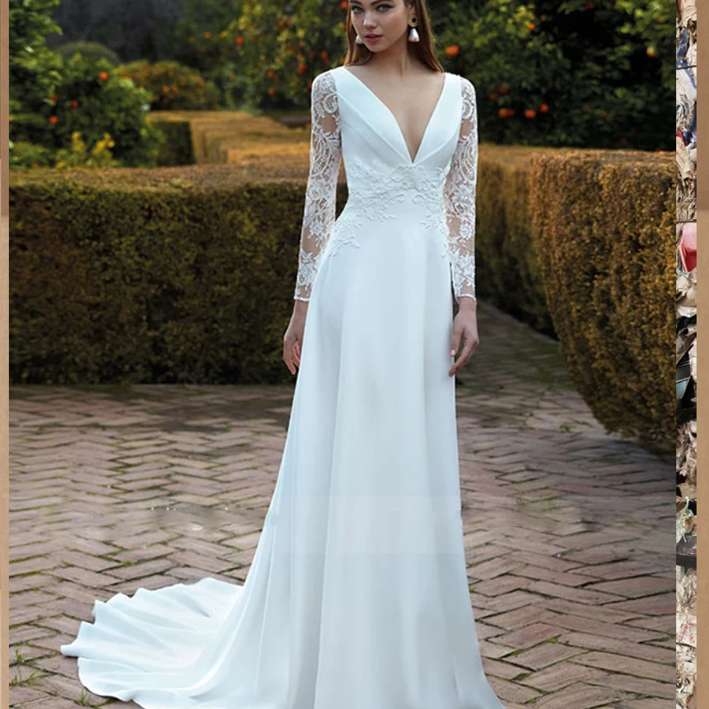 Einfache elegante eine Linie Brautkleider Strand Langarm V-Ausschnitt Langarm Chiffon Illusion zurück Robe de Mariee rustikale Zivil