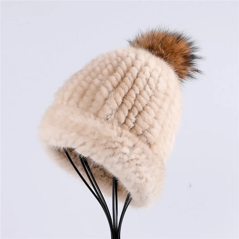 Women's Winter Mink Fur Knitted Hat Real Fur Beanie Caps With Fox Fur Ball Pom Poms