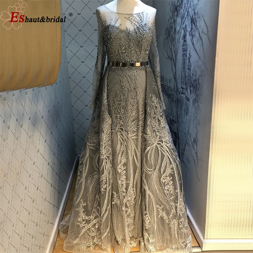 Elegant Dubai Mermaid Lace Evening Dress for Women 2024 O-Neck Long Sleeves Crystal Formal Prom Wedding Party Gowns Customized