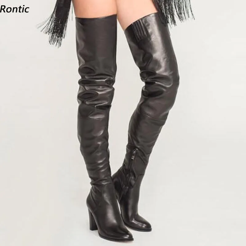 Rontic New Fashion Women Winter Thigh High Rylan Boots Chunky Heels Round Toe Beautiful Black Party Unisex Shoes US Size 5-20