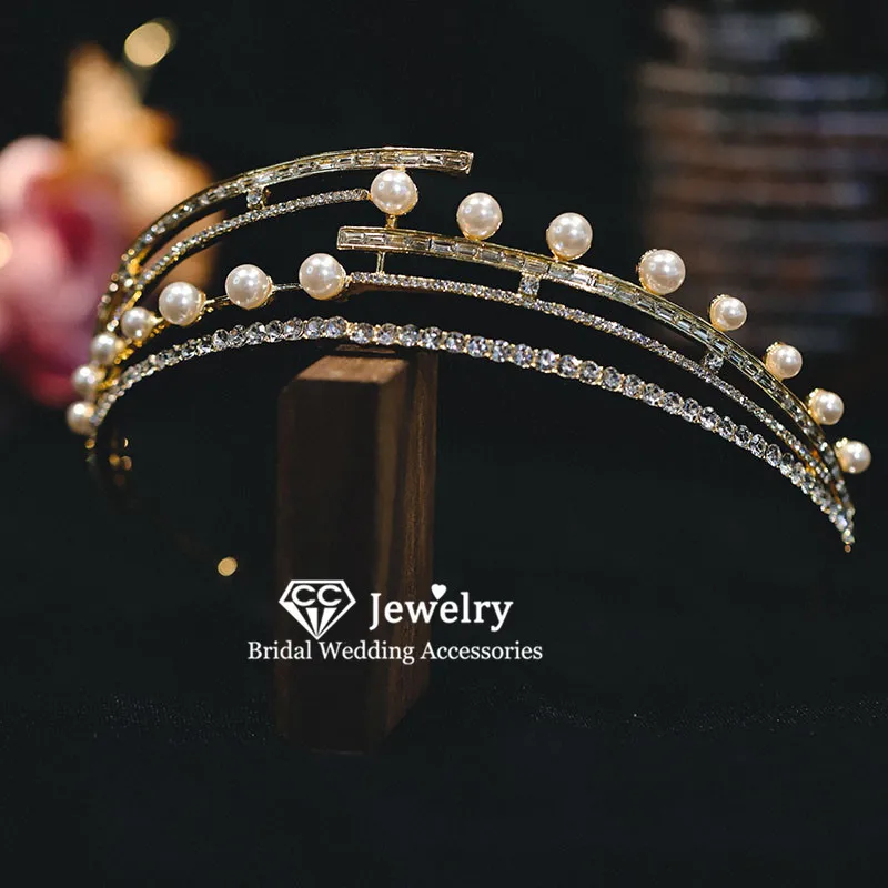 

CC Women Crown Wedding Accessories for Brides Jewelry Engagement Hair Ornaments Trendy Tiaras and Crowns Pearl Headpiece AN86