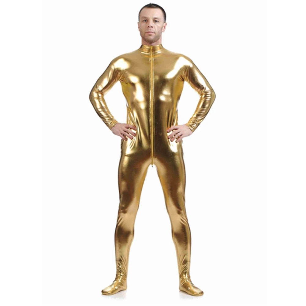 Full Body elastan garnitur błyszczące metalowe kostiumy Zentai Cosplay bezgłowy dopasowane Catsuit Halloween dorosłych mężczyzn Body Unisex