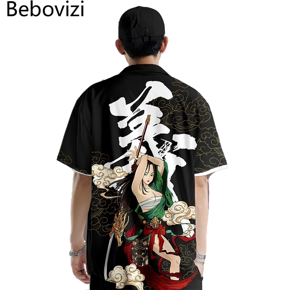 Men Hip Hop Streetwear Hawaiian Shirt Japanese Anime Print Beach Summer Short Sleeve Harajuku Aloha Oversized Shirt 4XL 5XL 6XL