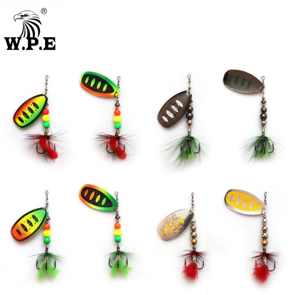 W.P.E NEW Spoon Lure 2pcs/lot Brass Spinner Lure Feather Metal CrankBait Carp Fishing Pesca Treble Hook Hard Bait Fishing Tackle