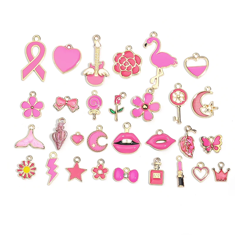 30pcs/Lot Pink Lips Lipstick Flowers Heart Enamel Charms For Jewelry Making For Women DIY Bracelet Earrings Pendant Wholesale