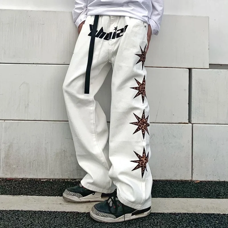 High Street Streetwear Mens Embroidery Overalls Side Leopard Patch White Loose Wide Leg Man Trousers Hip Hop Mens Joggers Pants