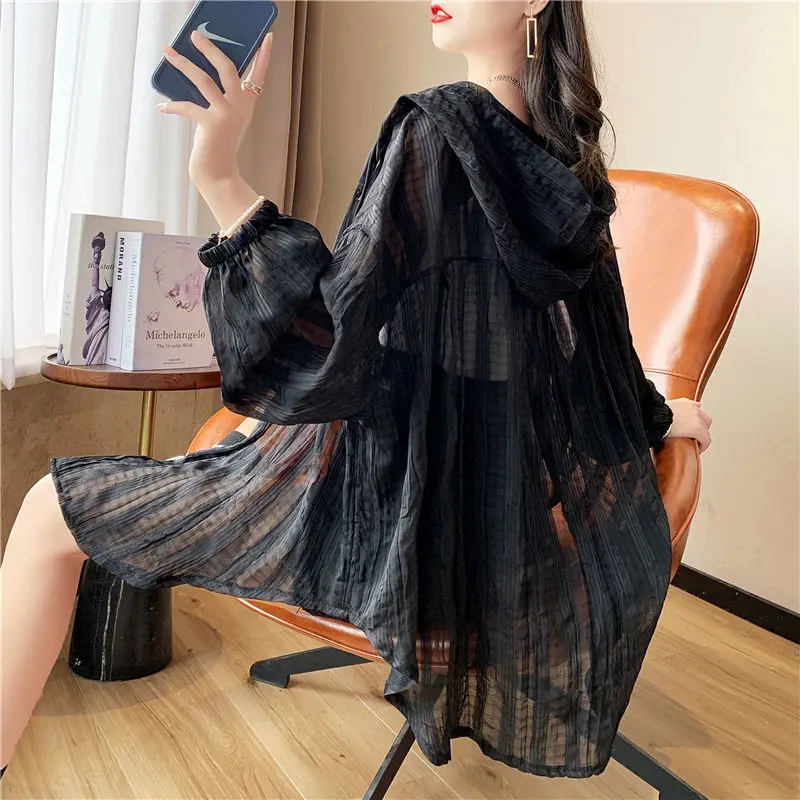 Jackets Women Lantern Sleeve Trendy Loose Striped Design Hooded Pocket Single Breasted Street Sun-proof Hollow Out Cool Clothing