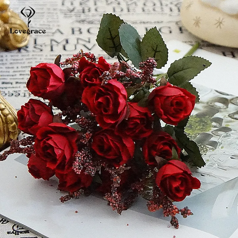 Ramo de flores artificiales de seda roja rosa de tela, 15 cabezas, pequeño ramo de novia de franela, Decoración de mesa para el hogar de boda, flores falsas