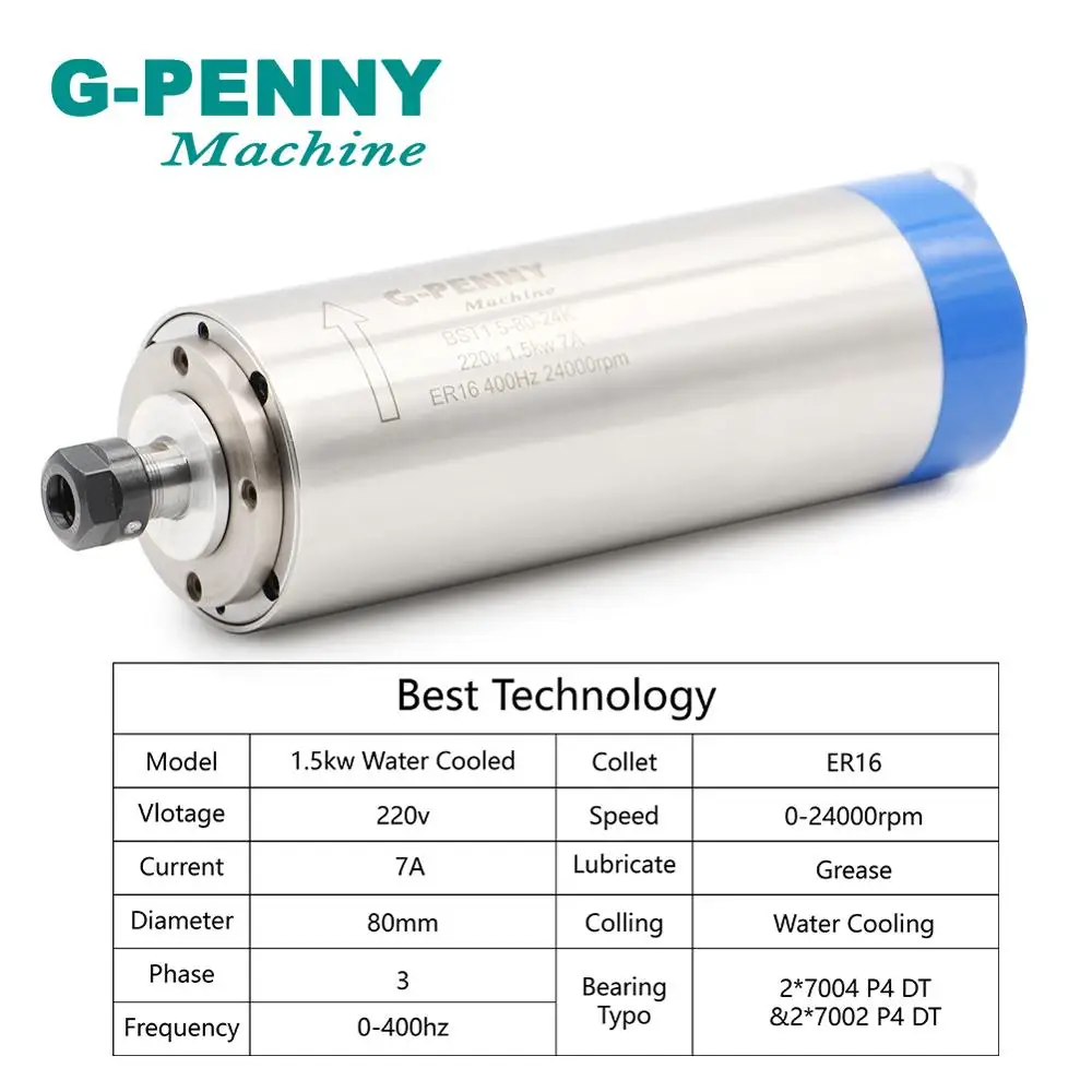 G-PENNY 1.5kw ER16 Water Cooled Spindle Motor Lengthening Type 220v CNC 400Hz Blue Type 7A 80x220mm 4 Bearings Water Cooling