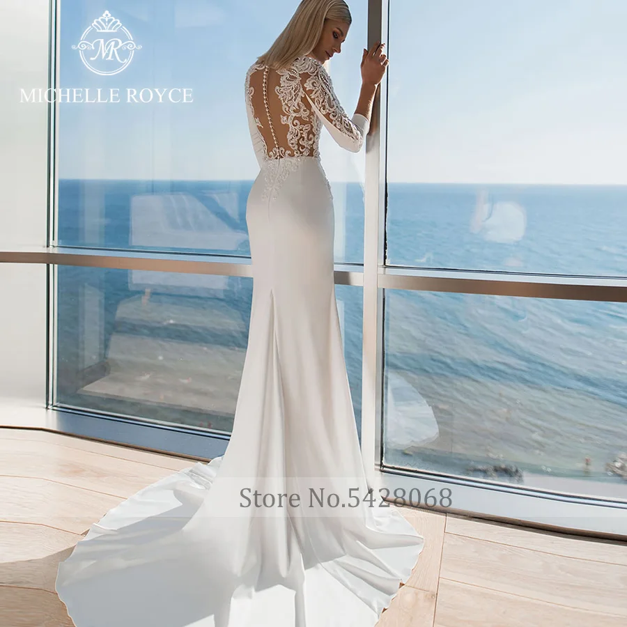 Michelle Royce Mermaid Wedding Dresses 2020 Scoop Long Sleev Cut-out Appliques Court Train Wedding Gowns Vestido De Noiva