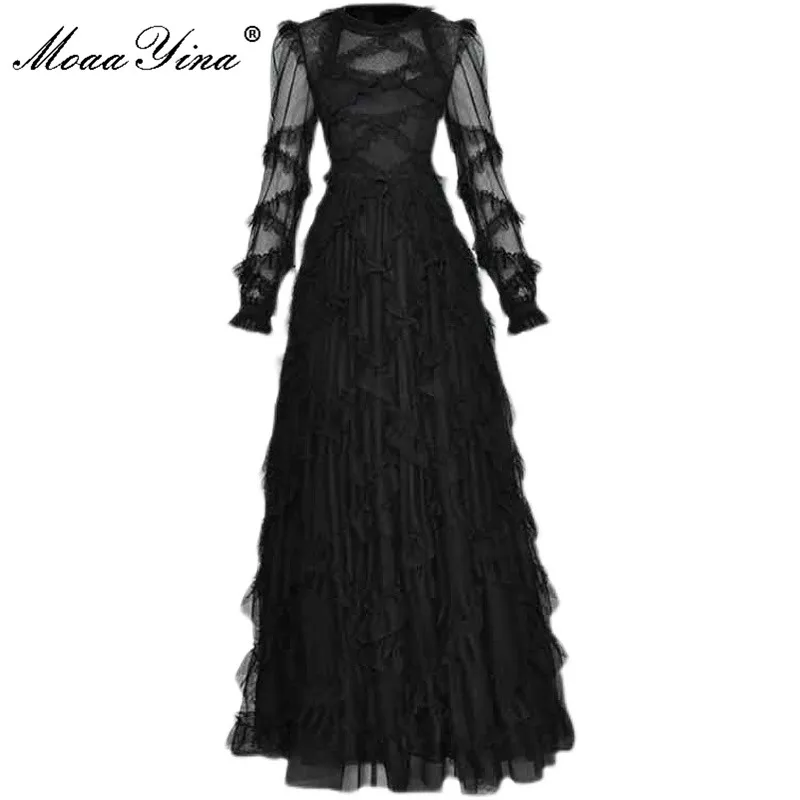 

MoaaYina Fashion Designer Autumn Long Mesh Dress Women's Long sleeve Cascading Ruffle Sexy Elegant Club Party Maxi Dress