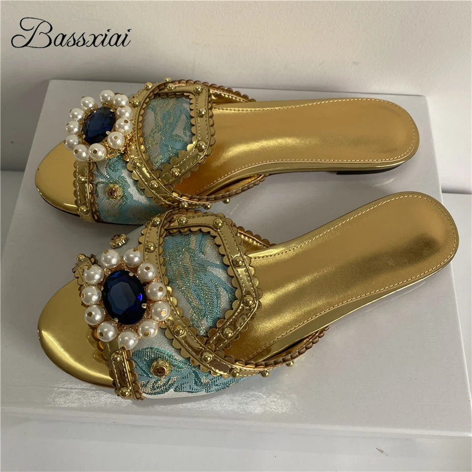 

Luxury Beading Pearl Flower Buckle Women Slippers Diamond Embroidery Satin Open Toe Flat Heel Lazyman Outwear Mules For Girls