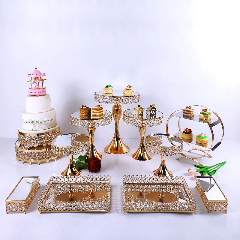 6-16pcs Crystal Metal Cake Stand Set  Acrylic Mirror Cupcake Decorations Dessert Pedestal Wedding Party Display Tray