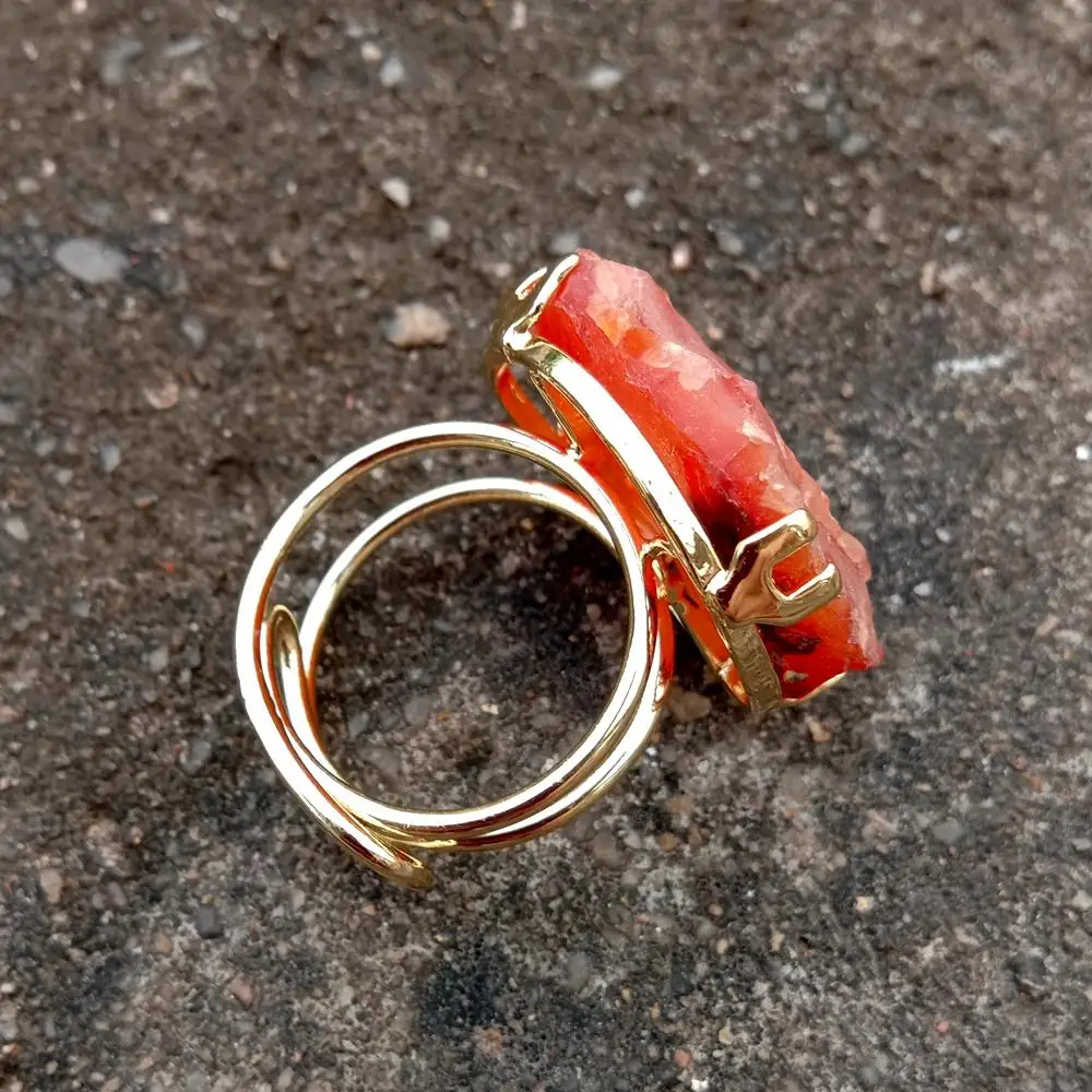 Y.YING Natural Carnelian Rough Druzy Raw Rings Gold Plated Resizable Ring