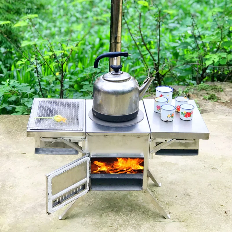 GRNTAMN-Outdoor Portable Stainless Steel Wood Stove, Self-Driving Travel Mobile Stove, Small Multi-function Barbecue Stove