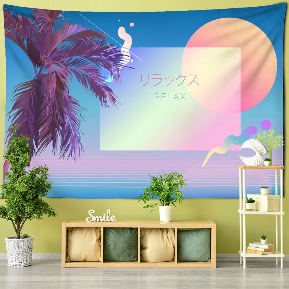 Tropical Palm Tree Tapestry Beach Vintage Retro Futuristic  Wall Tapestry Background  for Home Decorations