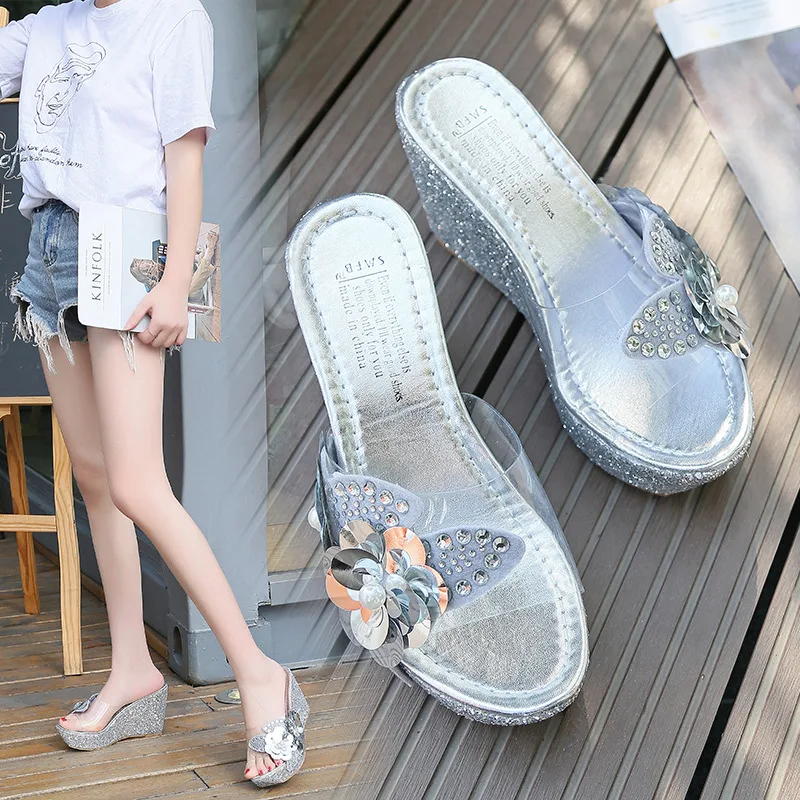 platform slippers wedge slides slippers women summer shoes beach sandals slippers ladies shoes with heels pearl flower 2020