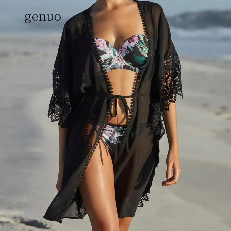 

Beach Dress New Chiffon Lace Patchwork Casual Sexy Black Dress Women Summer Beach Kaftan Pareo Mini Dress