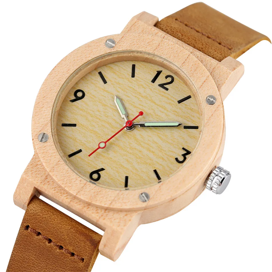 Reloj de madera de arce para mujer, cronógrafo de cuarzo, luminoso, con hebilla de Pin, de cuero genuino, color marrón