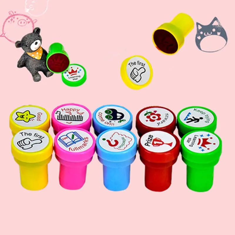 10pcs/Set Round Multicolor Fun  Cute English Child DIY Scrapbook Kids Stamp Cartoon Rubber Stamps Scrapbooking Reward Toy