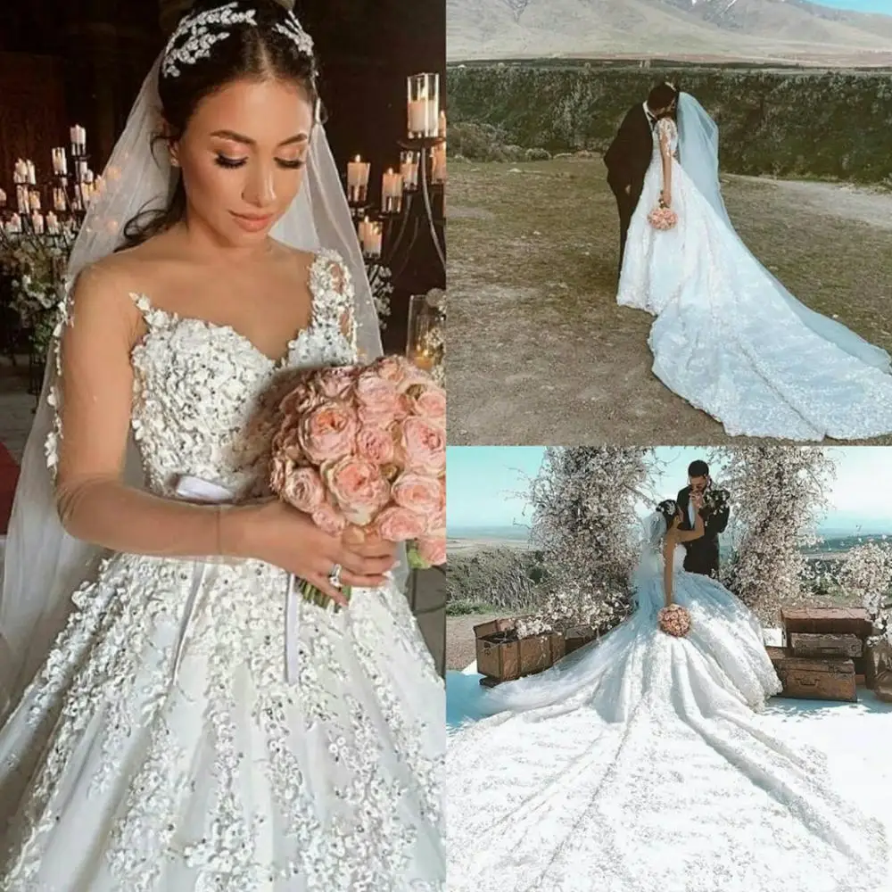 Gorgeous Arabic Wedding Dresses 3D Flower Appliques Sheer Neck Plus Size Ball Gown Wedding Dress Princess Long Sleeve Bridal