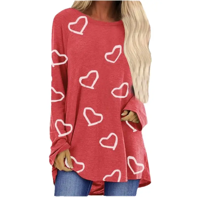 Nice Autumn Loose T-Shirt Women Heart Shaped Printed Tops Casual Round Neck Love Print Long Sleeve Cotton Shirt Female Pullover