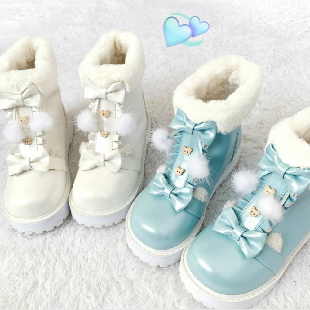 Winter Kawaii Girl Sweet Lolita Boots Vintage Round Head Plush Cashmere Warm Women Shoes Cute Bowknot Snow Boots