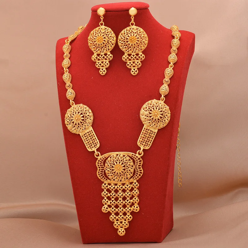 

Dubai Jewelry sets 24K gold plated luxury African wedding gifts bridal bracelet necklace earrings ring jewellery set for women