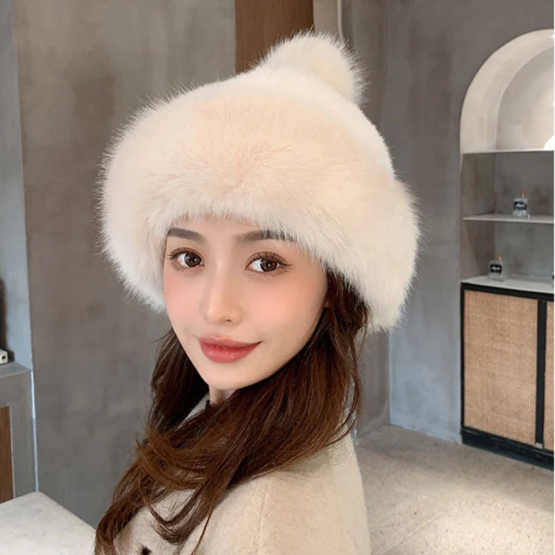 HT4004 Faux Fox Fur Hat Women Thick Warm Russian Cap Female Cute Fashion Winter Hat Windproof Snow Ski Cap Russian Hat Ushanka