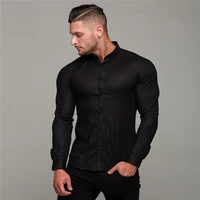 Camisa de manga larga para hombre, Camisa lisa de Fitness con cuello vuelto, ajuste súper Delgado, vestido de negocios, Tops de gimnasio con botones, novedad de primavera y otoño