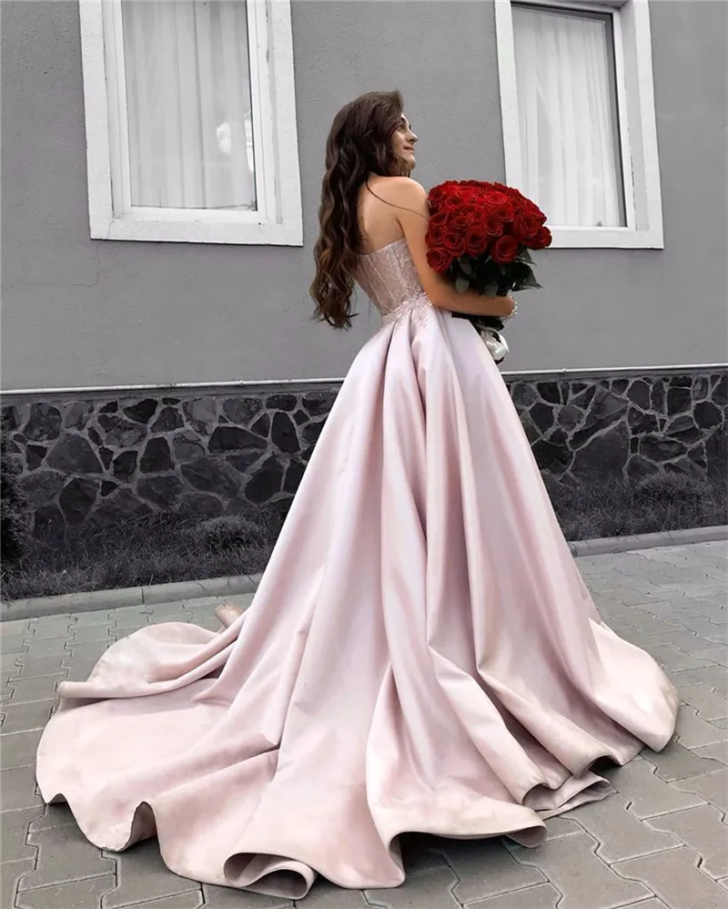 One Shoulder Evening Dress Mermaid Laces Long Detachable Sweep Train Backless Soft Pink Satin Prom Dress abiti da cerimonia