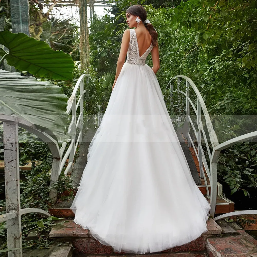 Robe De mariée élégante en Tulle, col en v, sans manches, coupe trapèze, avec traîne, style Boho, collection été 2022