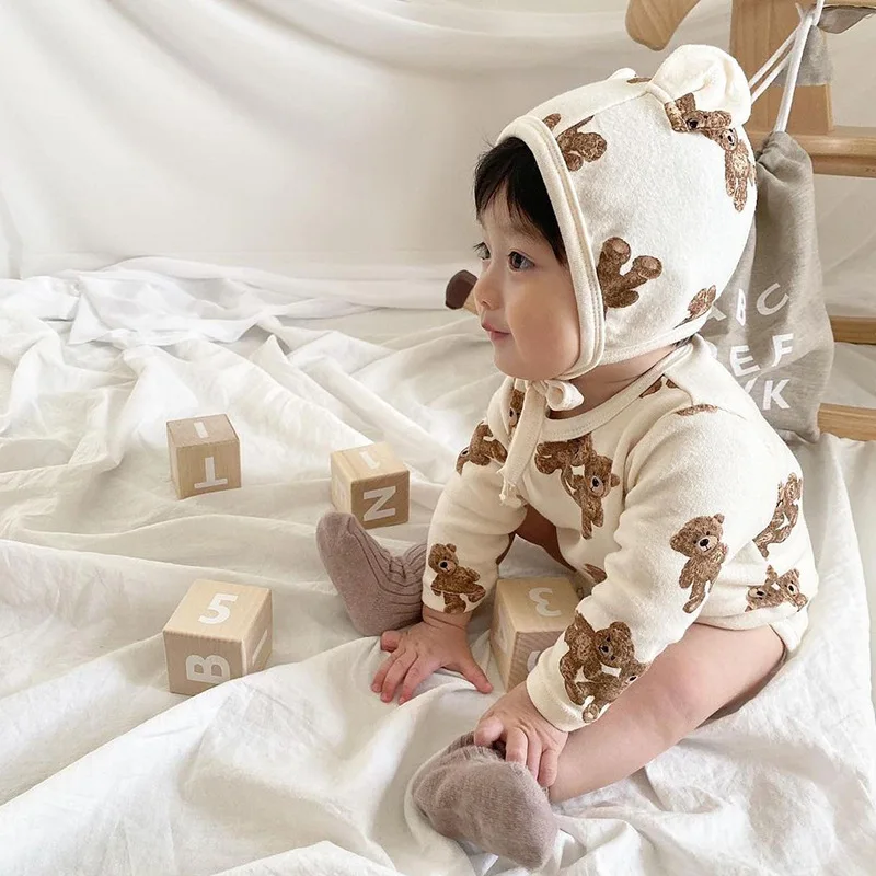 MILANCEL Autumn Baby Bodysuit Cute Bear Suit With Hat Full Sleeve One Piece Infant Outfit