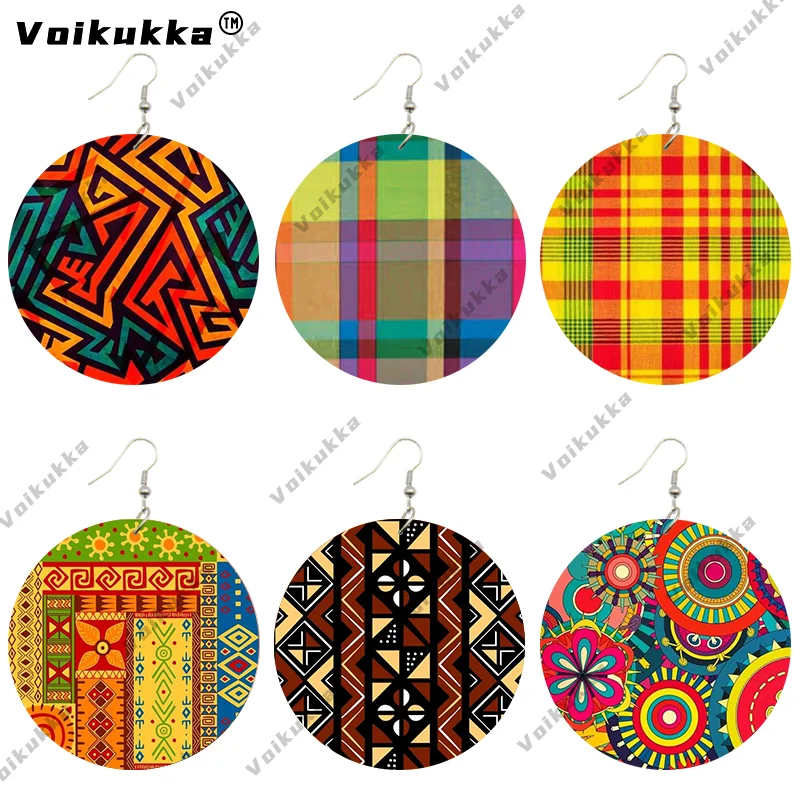 Voikukka Jewelry 2021 New Product 6 CM Round Wood Both Sides Printing Bohemian African Fabric Ethnic Drop Dangle Women Earrings