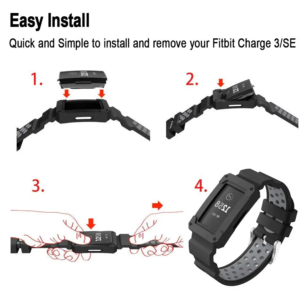 Compatible Fitbit Charge 3/4 Straps with Case, Silicone Breathable Bands with Shatter-Resistant Bumper Protective Frame