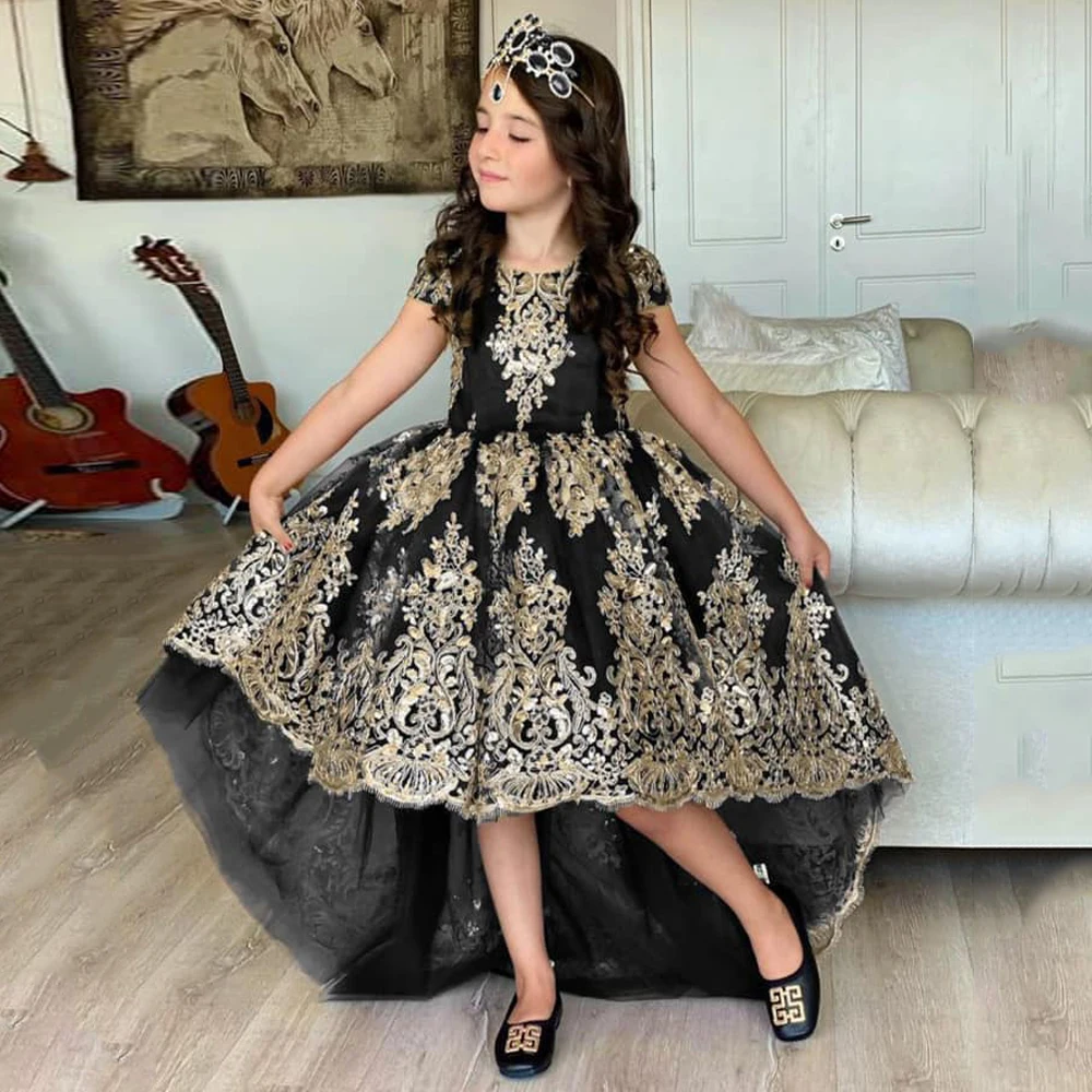 Prinzessin Blume Mädchen Kleid Kurzen Ärmeln Gold Applique Hallo-lo Mädchen Geburtstag Party Kleider Pageant Kleider Hochzeit