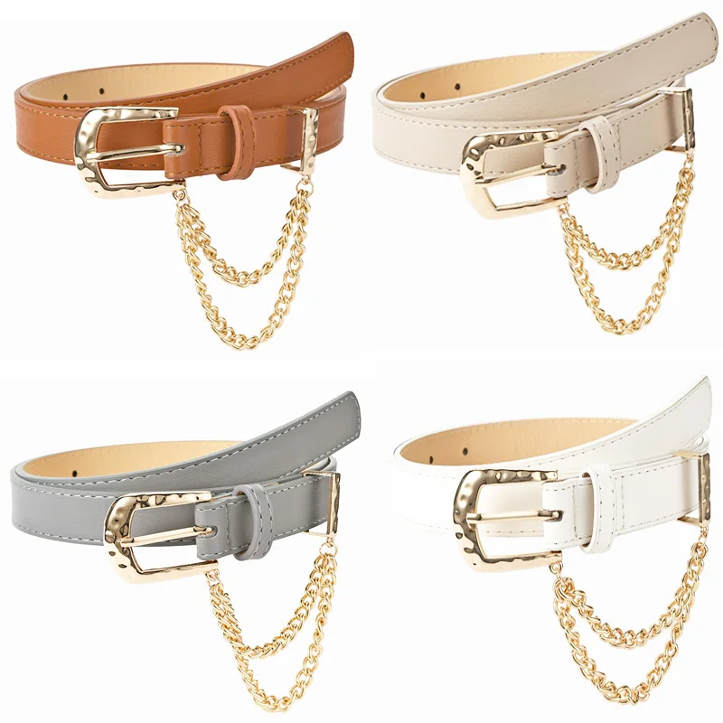 Fashion Punk Unisex Alloy Pin Buckle Belt Luxury Brand PU Leather Golden Chain Waist All-Match Jeans Trousers Thin Waistband