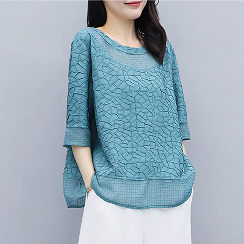 Spring Summer Cyan Brindle Elegant Blouses Shirts Loose Chiffon Blusas Tops O-Neck ​Solid Color Extra Large 5XLDM0063