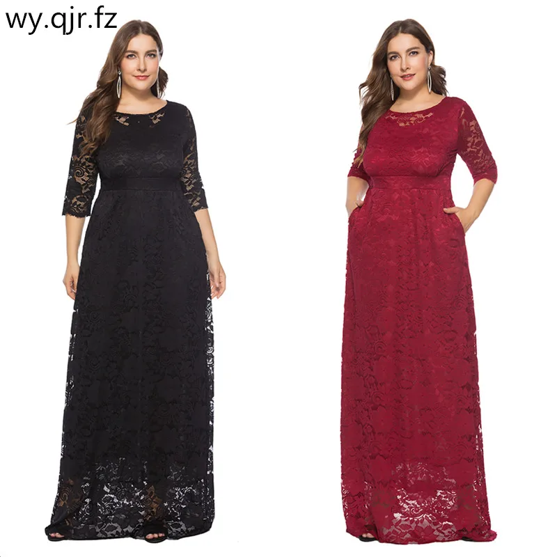 

YYT-0092#European American fashion Evening Dress Long Pocket Lace Wine Red Dark Blue White Apricot Dresses Plus Size Wholesale