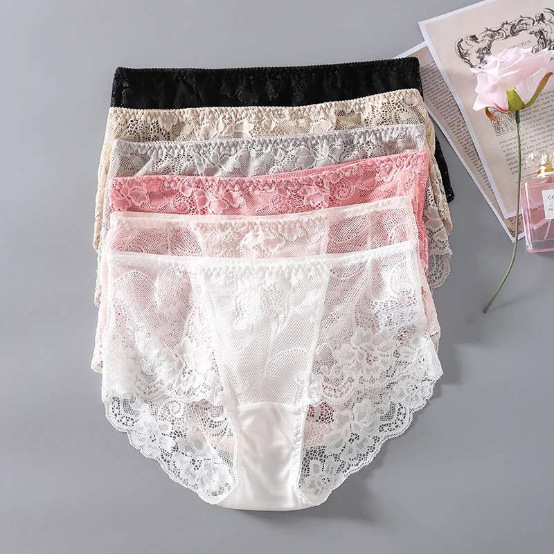 

3 PACK Women's 100% real silk crotch with lace sexy middle rise panties briefs Underwear Lingerie size M L XL 1011