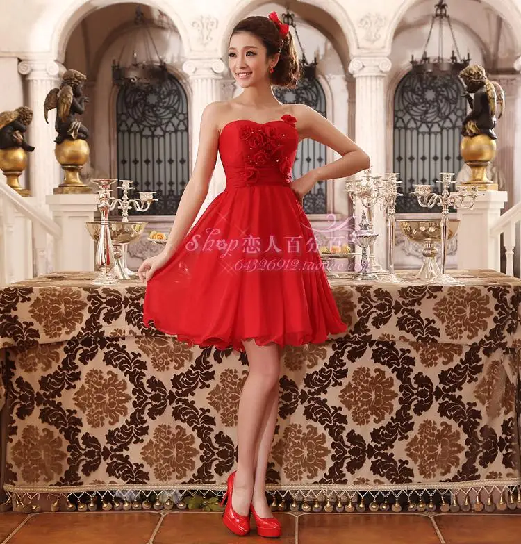 

free shipping 2016 new design Brides sweetheart banquet red flowers knee-length formal gown handmade short Bridesmaid Dresses