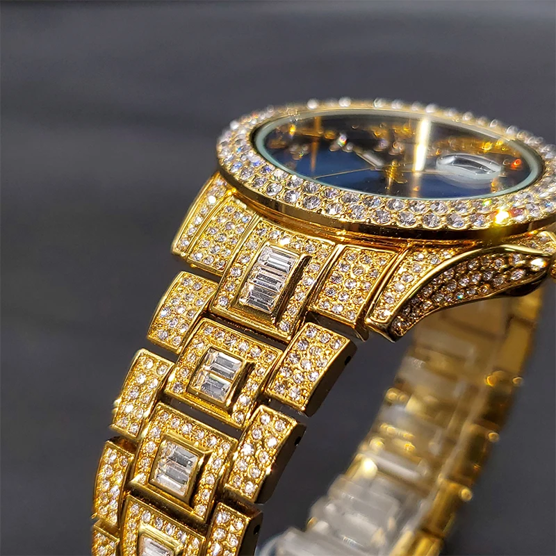 Luxe Golden Men Watch Auto Calendar Waterproof Couple Watches Royal Blue Dial With CZ Arabic Numbers Baguette Bracelet Timepiece