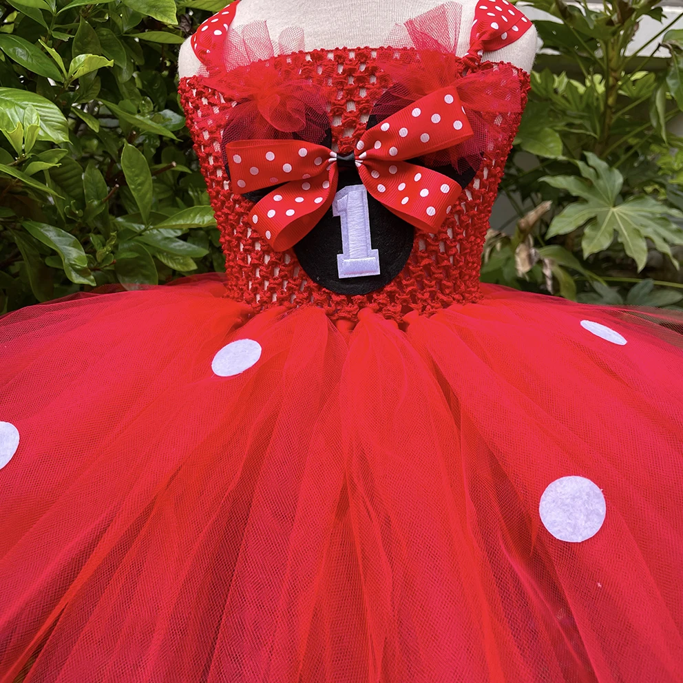 Lovely Baby Red Mickey Cartoon Tutu Dress Girls Crochet Tulle Dress with Dots Bow and Hairband Kids Birthday Party Costume Dress