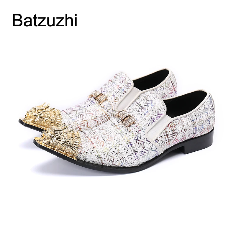 

Batzuzhi 2021 New Men's Shoes Golden Metal Toe Leather Dress Shoes Men Slip on White Blink Party and Wedding Shoes for Men!